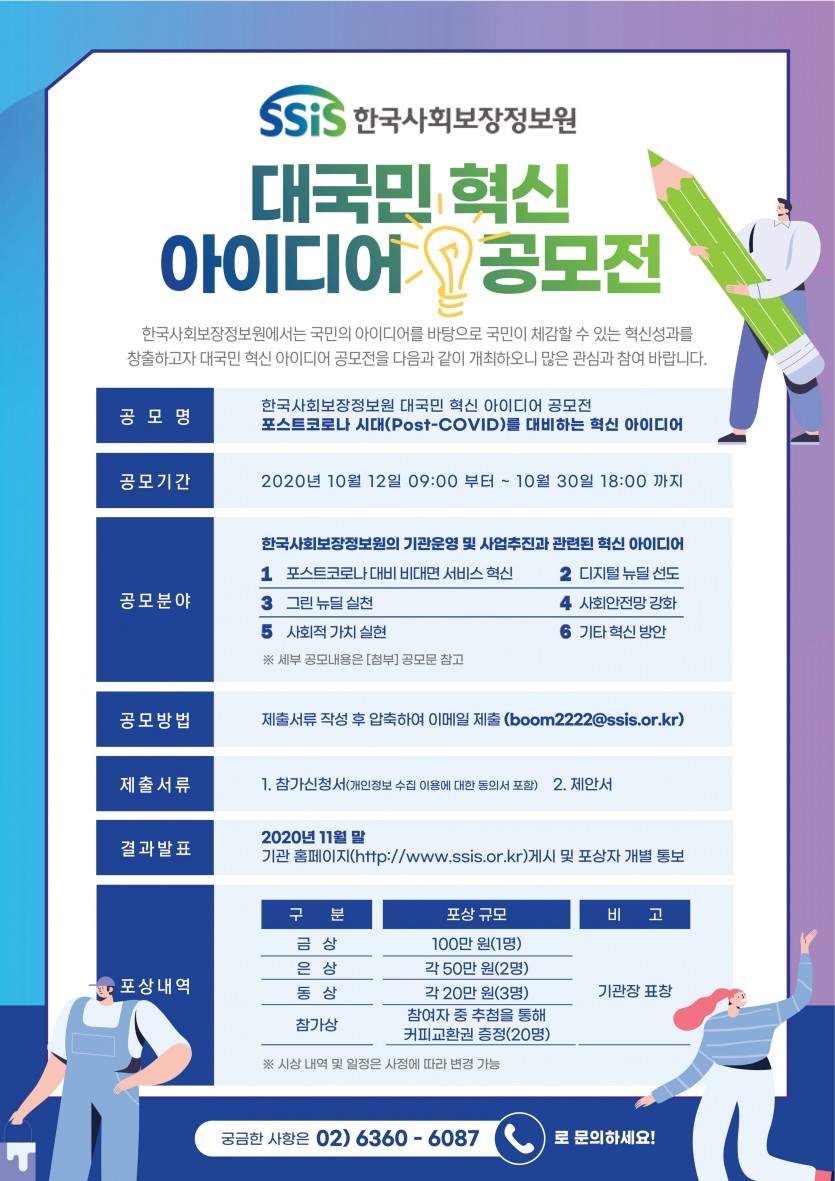 SSiS 한국사회보장정보원 대국민 혁신 아이디어 공모전 한국사회보장정보원에서는 국민의 아이디어를 바탕으로 국민이 체감할 수 있는 혁신성과를 창출하고자 대국민 혁신 아이디어 공모전을 다음과 같이 대국민 혁신 아이디어를 공모전을 다음과 같이 개최하오니 많은 관심과 참여 바랍니다. 공모명 한국사회보장정보원 대국민 혁신 아이디어 공모전 포스트코로나 시대(Post-COVID)를 대비하는 혁신 아이디어 공모기간 2020년 10월 12일 09:00 부터 ~ 10월 30일 18:00 까지 공모분야 한국사회보장정보원의 기관운영 및 사업추진과 관련된 혁신 아이디어 1 포스트코로나 대비 비대면 서비스 혁신 2 디지털 뉴딜 선도 3 그린 뉴딜 실천 4 사회안정망 강화 5 사회적 가치 실현 6 기타 혁신 방안 ※ 세부 공모내용은 [첨부] 공모문 참고 공모방법 제출서류 작성 후 압축하여 이메일 제출(boom222@ssis.or.kr) 제출서류 1. 참가신청서(개인정보 수집 이용에 대한 동의서 포함) 2. 제안서 결과발표 2020년 11월 말 기관 홈페이지(http://www.ssis.or.kr)게시 및 포상자 개별 통보 포상내역 구분 포상 규모 비고 금상 100만원(1명) 은상 각 50만원(2명) 동상 각20만원(3명) 참가상 참여자 중 추첨을 통해 커피교환권 증정(20명) 기관장 표창 ※ 시상 내역 및 일정은 사정에 따라 변경 가능 궁금한 사항은 01) 6360-6087로 문의하세요!